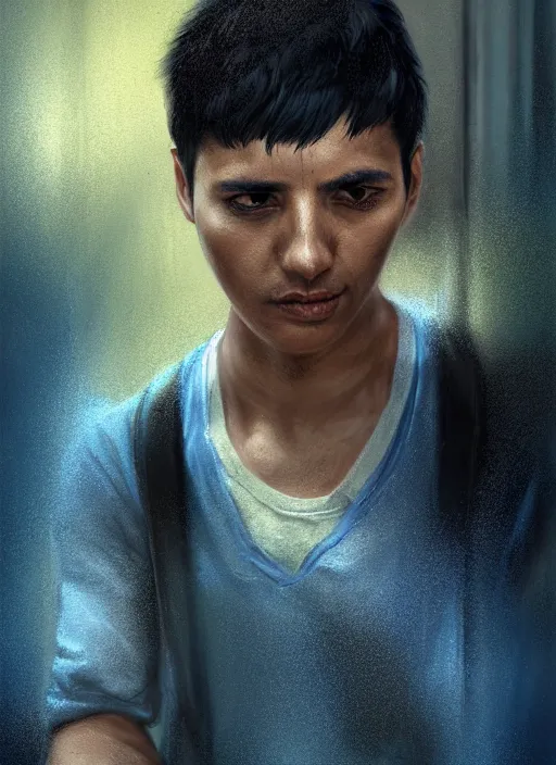 Image similar to young peruvian man with short black hair, male, dressed in blue, looking down, half body shot, arms down, path traced, highly detailed, high quality, digital painting, bastien lecouffe - deharme