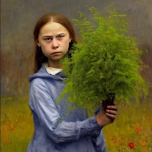 Image similar to Devastated Greta Thunberg holding a green plant and crying, impressionism, barren earth, gloomy colors, brown background, vivid attention to detail, by Greg Rutkowksi and Ilya Repin