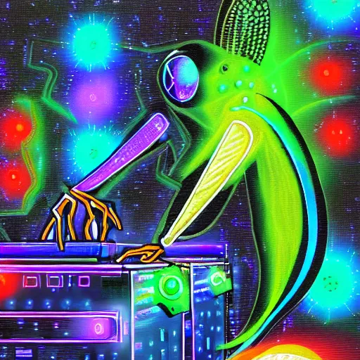 Prompt: A hd paint of a robot Dj playing his mixer in a rave with a lot of dragonflies around him. Epic art, masterpiece, neon dragonfly, lights