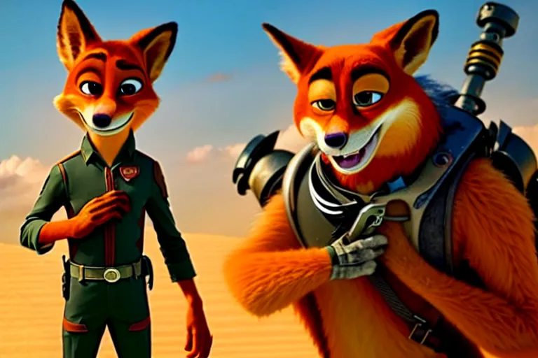 Image similar to nick wilde ( from zootopia ), heavily armed and armored facing down armageddon in a dark and gritty reboot from the makers of mad max : fury road