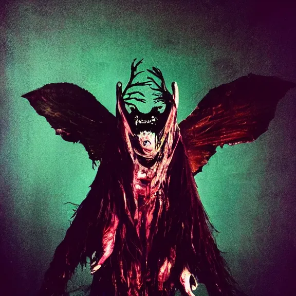 Image similar to a dark artistic photo of an alien creature with crazy wings, big budget horror, a polaroid photo, bleeding decaying colors!