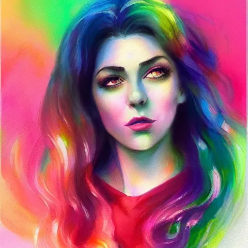 Prompt: a vibrant mixed pastels and watercolor painting of marina diamandis beautiful, lomo effect, by vanessa lemen by charlie bowater by ross tran, trending on artstation