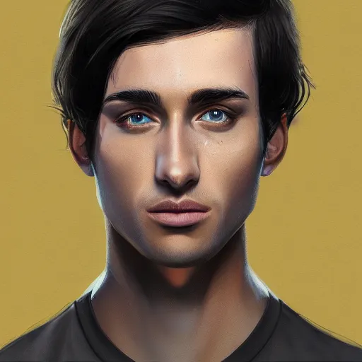 Image similar to ultra realistic illustration, a young man with black hair, in a yellow t - shirt, with blue eyes, highly detailed, digital painting, artstation, concept art, smooth, sharp focus, illustration