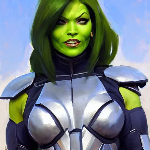 Prompt: greg manchess portrait painting of armored gamora as overwatch character, medium shot, asymmetrical, profile picture, organic painting, sunny day, matte painting, bold shapes, hard edges, street art, trending on artstation, by huang guangjian and gil elvgren and sachin teng