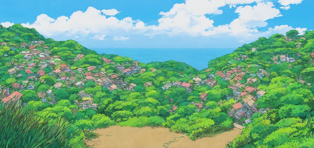 Image similar to studio ghibli hilly countryside and ocean