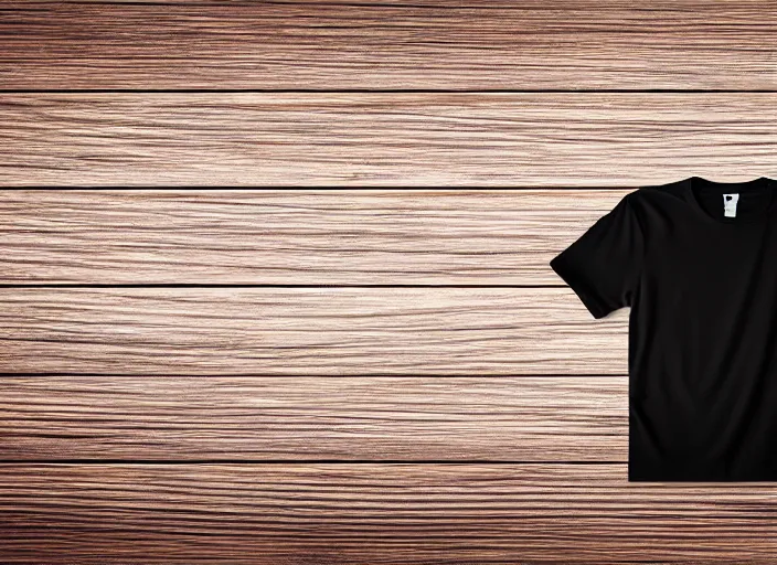 Image similar to clear highly detailed photorealistic mockup product photograph of a blank black tshirt on a wooden background