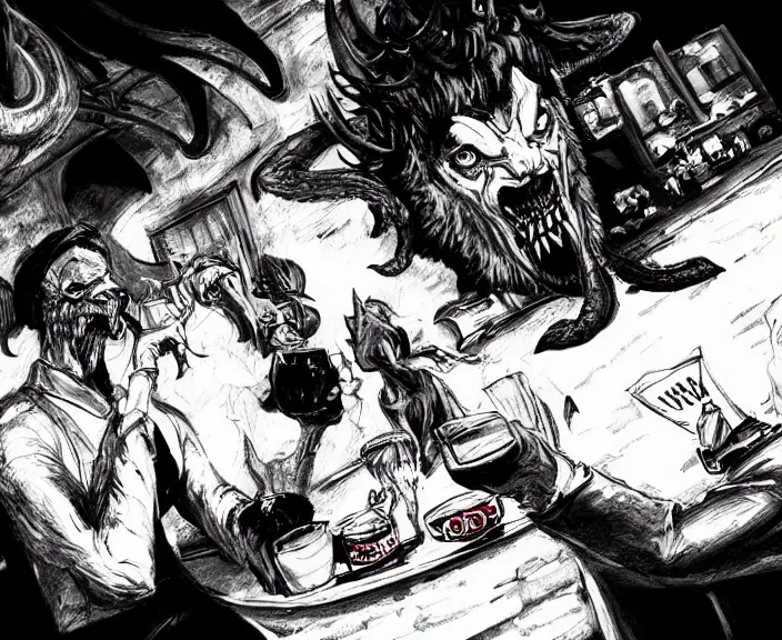 Prompt: a devil monster and a handsome gentleman toasting with whiskey in a pub, black and white and red colors, establishing shot, highly detailed, digital painting, artstation, concept art, smooth, sharp focus, illustration, Unreal Engine 5, 8K, art by artgerm, realistic painting