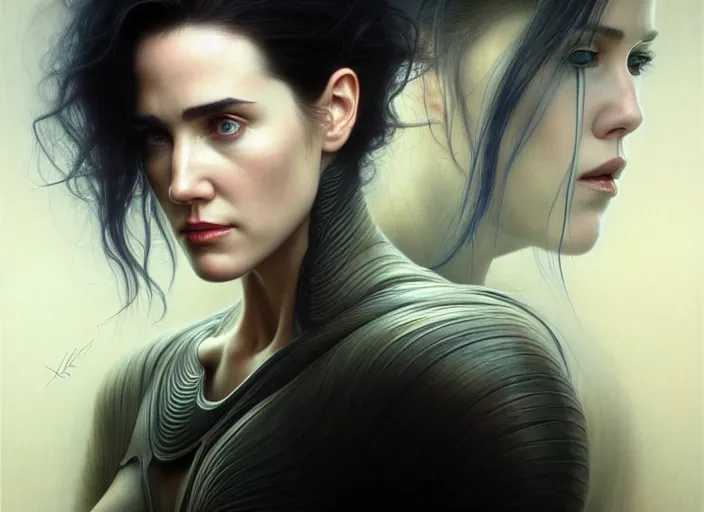 Image similar to portrait shot of young jennifer connelly in ghost in the shell, intricate, elegant, highly detailed, centered, digital painting, artstation, concept art, smooth, sharp focus, illustration, artgerm, tomasz alen kopera, peter mohrbacher, donato giancola, joseph christian leyendecker, wlop, boris vallejo