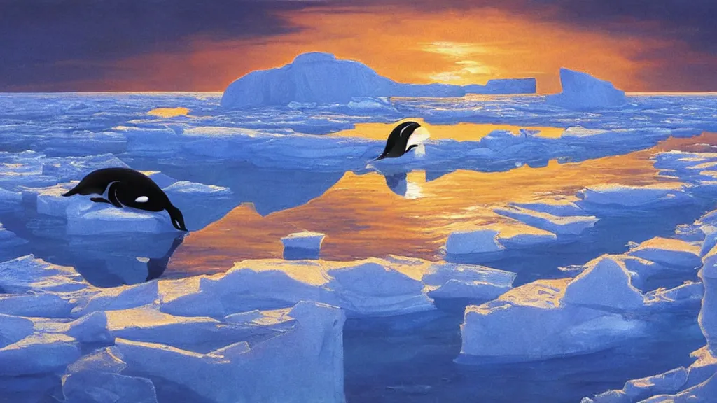 Image similar to the most beautiful panoramic landscape, oil painting, where a giant iceberg is lost in middle of the artic ocean, a giant penguin is exhaling steam while walking over the iceberg, there is nothing else, the artic ocean is reflecting the giant penguin over the iceberg and the ray lights of the sunset are brightening him, by greg rutkowski, minimal style,