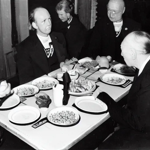 Prompt: Old photo of Harald V the king of Norway eating sushi