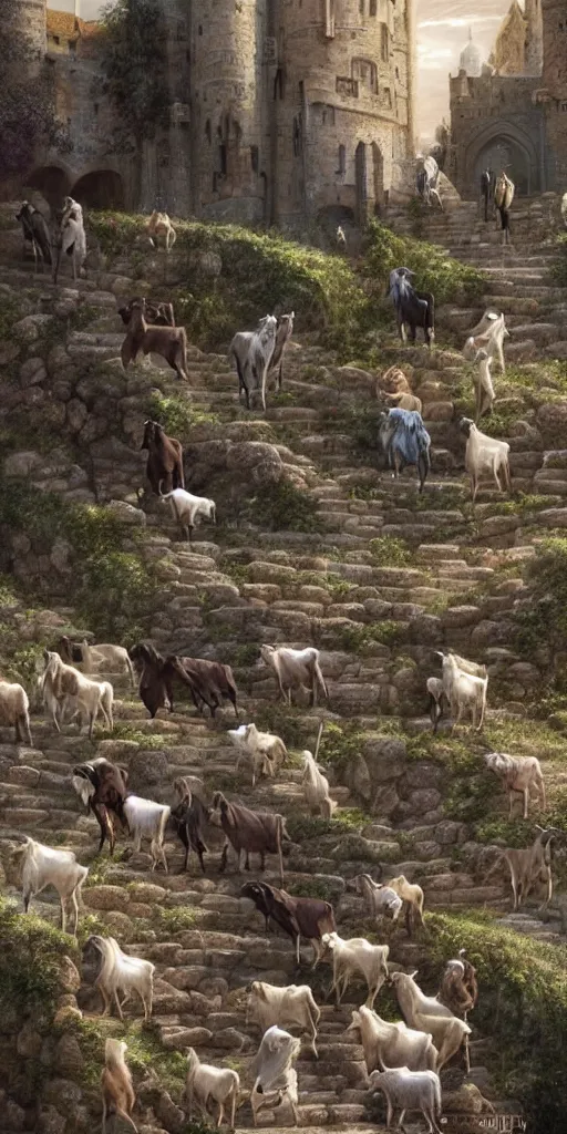 Image similar to a herd of goats! on stairs in a beautiful fantasy castle, medieval citadel, medieval cathedral, many goats, magic, tall towers, gorgeous clouds, colorful, sunrays, digital painting, landscape, octane render, unreal engine, high detail, very realistic, by greg rutkowski. by james gurney