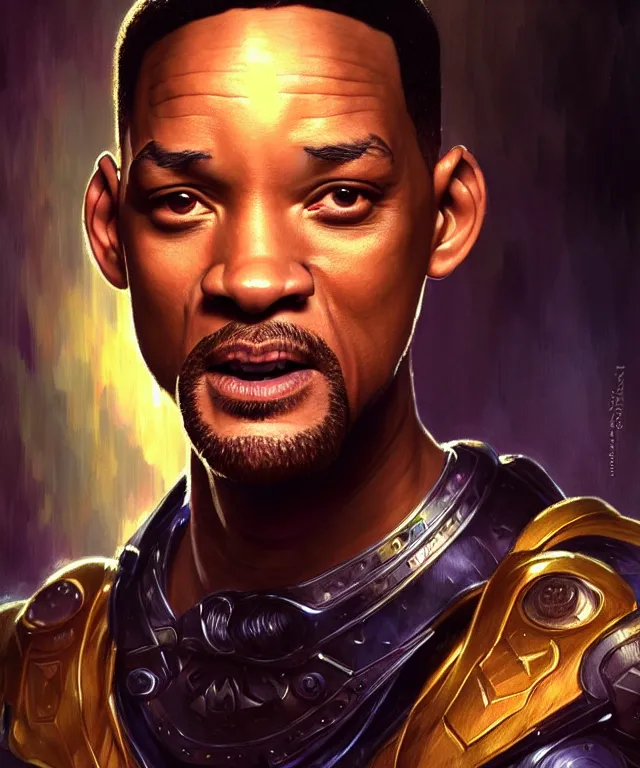 Prompt: Will Smith as a fantasy magic man portrait, sci-fi, amber eyes, face, fantasy, intricate, elegant, highly detailed, digital painting, artstation, concept art, smooth, sharp focus, illustration, art by artgerm and greg rutkowski and alphonse mucha