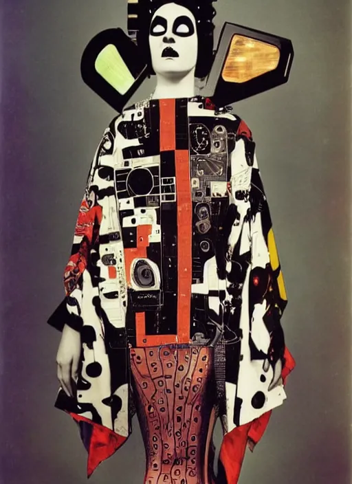 Image similar to Portrait of a punk goth fashion fractal cosmonaut girl with a television head wearing kimono made of circuits and leds, surreal photography by Man Ray