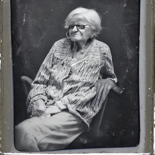 Prompt: tintype photograph, old woman, millennial woman elderly, 2 0 9 0 s, post - nuclear town