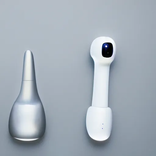 Prompt: concept art for a robotic toothbrush designed by the company apple, silver, 8 k, hd, studio lighting, white background