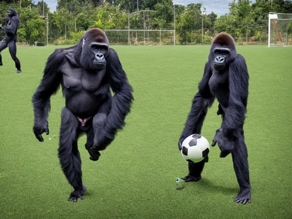 Image similar to gorilla with vr headset playing soccer, vivid