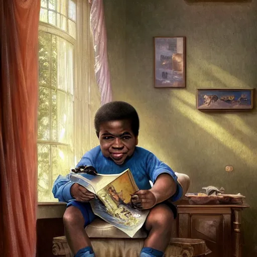 Image similar to a young Gary Coleman is sitting on his living room couch. He is dressed casually and is watching TV, Regal, Realistic, Refined, Detailed Digital Art, Josephine wall, Oil Painting, William-Adolphe Bouguereau, Art Frahm, Esao Andrews, Steampunk, Walt Disney (1937), Highly Detailed, Cinematic Lighting, Unreal Engine, 8k, HD