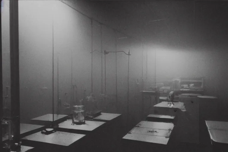 Prompt: experiment, laboratory, 1985, creepy, haunted, fog, atmospheric