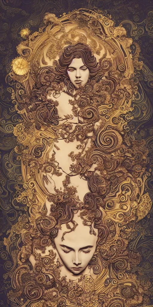 Image similar to masterpiece with intricate designs, tarot card, a mandelbulb fractal scarlett johansson, southeast asian diety statue, full of golden layers, flowers, clouds, vines, mushrooms, swirls, curls, wave by Hokusai and Mike Mignola, trending on artstation, elaborate illustration, beautiful hands close to a candle in dark room, cinematic, powerful, moon beams dramatic light, highly, intricate elements, detailed, digital painting, artstation, concept art, sharp focus, illustration, art by artgerm