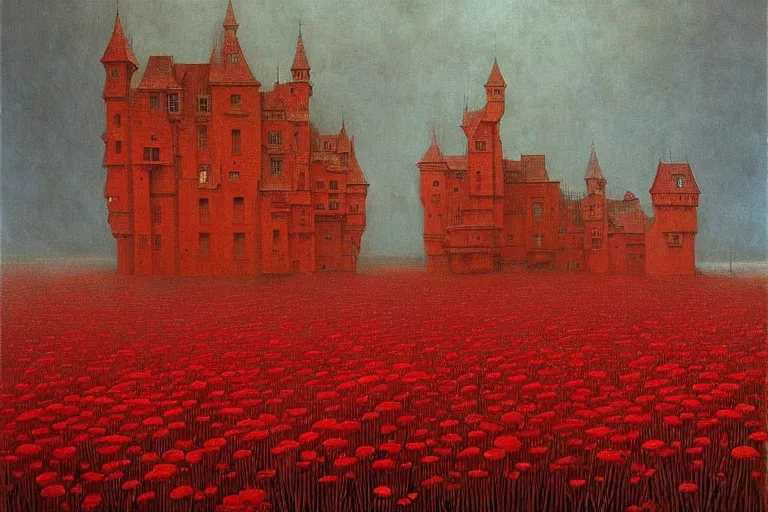 Image similar to only with red, red flowers of different types, a red tiger, a castle in the background, medieval demons dance over the flowers, an ancient path, in the style of beksinski, part by hopper, part by rodcenko, part by hofbauer, intricate composition, red by caravaggio, insanely quality, highly detailed, masterpiece, red light, artstation