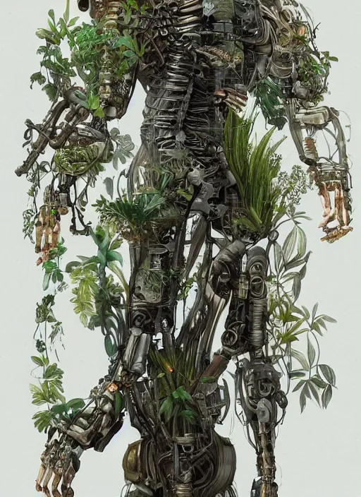 Image similar to hyper - detailed fine painting of a humanoid cyborg half cybernetic and half made of plants and wood, concept art magical highlight