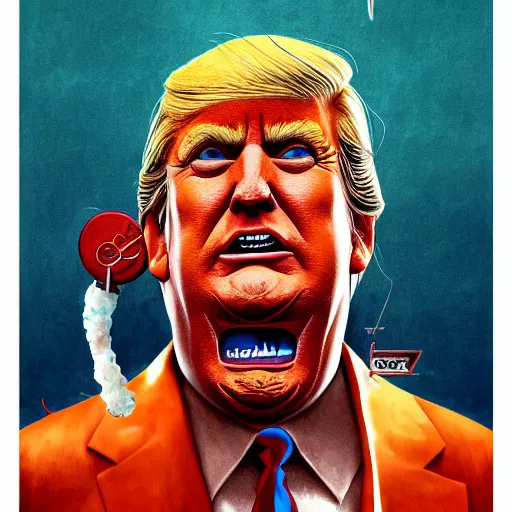 Prompt: a poster design of a close portrait donald trump as The Toxic Avenger (1984), warm color, Highly detailed labeled, poster, peter mohrbacher, featured on Artstation