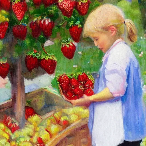 Prompt: Cute Blonde Girl with locks sells Strawberries in a fruit stand, oil on canvas, Impressionism