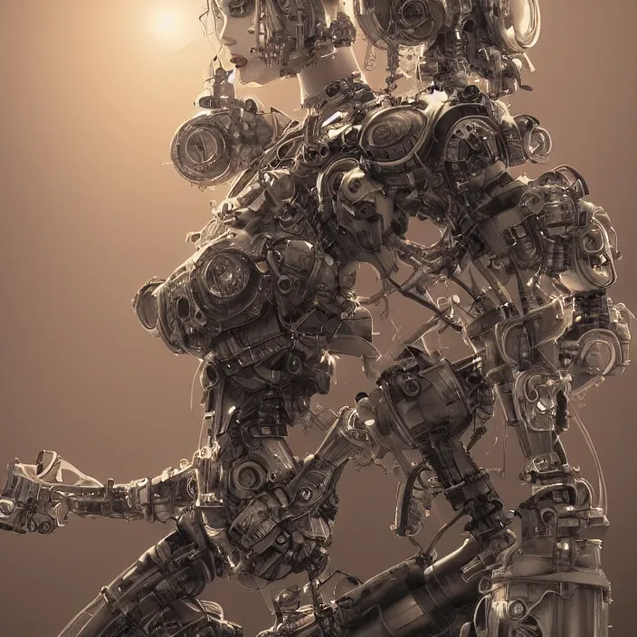 Image similar to dieselpunk robotic mistress, extremely detailed, plush, intricate, soft light, volumetric, blender, digital painting, art station, by yoshitaka amano