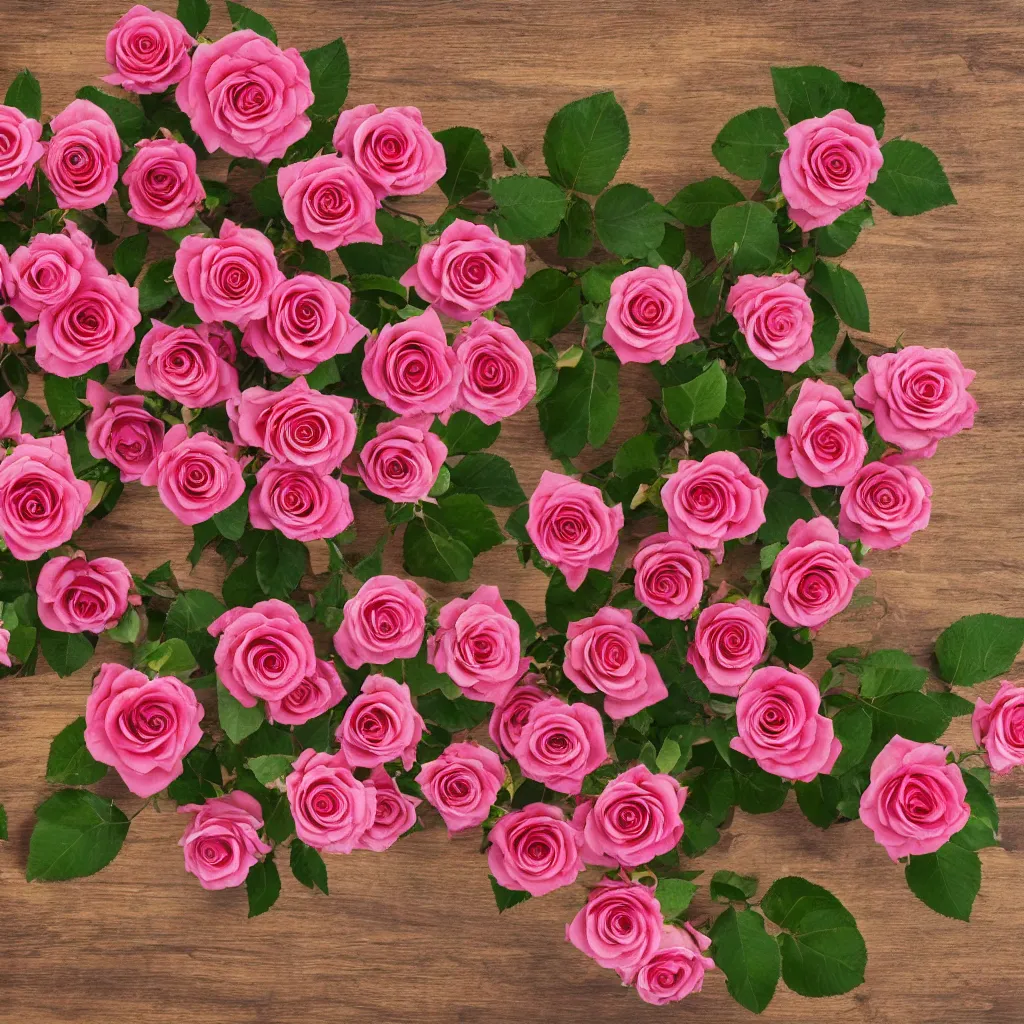 Image similar to top-down view of roses on top of a wooden table, 4k, photorealistic