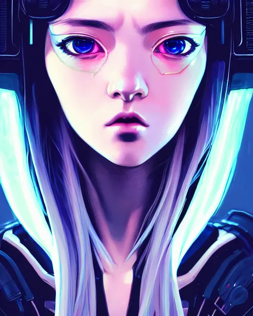 Image similar to a comic potrait of a cyberpunk cyborg girl with big and cute eyes, fine - face, realistic shaded perfect face, fine details. night setting. very anime style. realistic shaded lighting poster by ilya kuvshinov katsuhiro, magali villeneuve, artgerm, jeremy lipkin and michael garmash, rob rey and kentaro miura style, trending on art station