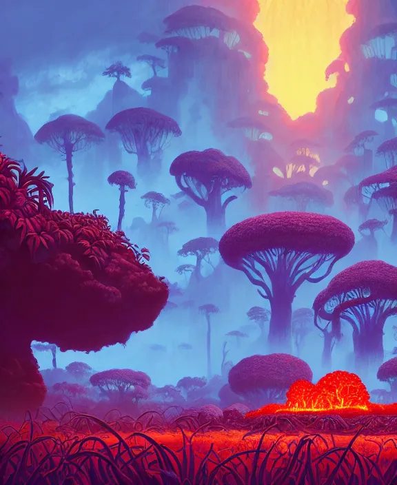 Image similar to simplicity, an simple structure made out of exotic fungus, overgrown with lush floral jungle, partly cloudy, hellscape, hell, fire, brimstone, lava, by dan mumford, yusuke murata, makoto shinkai, ross tran, cinematic, unreal engine, cel shaded, featured on artstation, pixiv