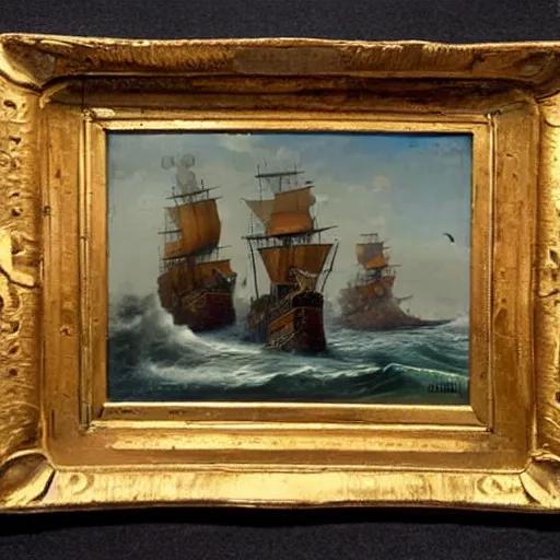 Prompt: 19th century oil painting of a german empire u-boot fighting the flying dutchman