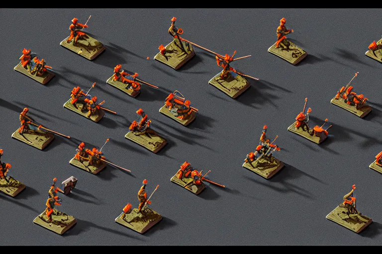 Image similar to isometric toy soldiers, dark landscape, by dan mumford and by alberto giacometti, peter lindbergh, malevich, william stout, zbrush