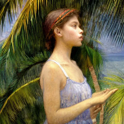 Prompt: a ultradetailed beautiful painting of a girl in the amazonas palace balustrade designed by jules bastien - lepage, hans belmer, frank weston and gustave baumann, beach, trending on artstation, mediterranean, palm trees, refracted color sparkles, sharp focus, soft light, 8 k 4 k