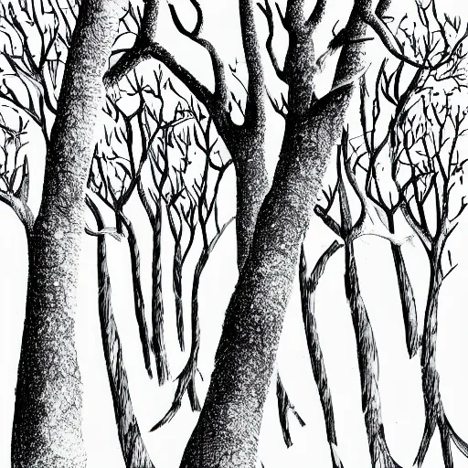 Image similar to tree forest illustration, black ink on white paper, sketched 4k