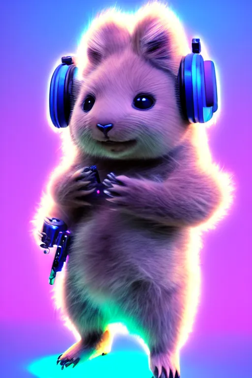 Image similar to high quality 3 d render neo - cyberpunk very cute half fluffy! wombat!! half cyborg with big headphones, pastel mechanical! paw, cyberpunk monocle!, highly detailed, unreal engine cinematic smooth, in the style of detective pikachu, hannah yata charlie immer, neon purple light, low angle, uhd 8 k, sharp focus