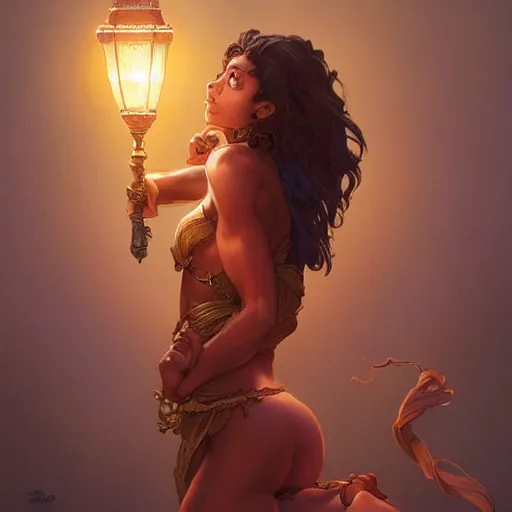 Image similar to a young female brown skinned brown haired genie, with abs, emerging from a lamp intricate, elegant, highly detailed, digital painting, artstation, concept art, smooth, sharp focus, illustration, art by artgerm and greg rutkowski and alphonse mucha