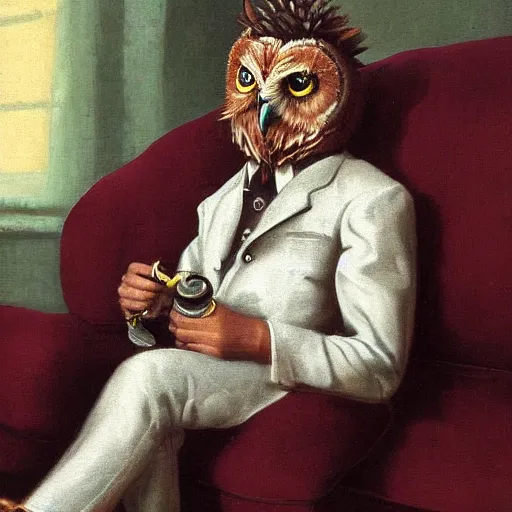 Image similar to portrait of an owl man sitting on a couch smoking a pipe, realistic masterpiece