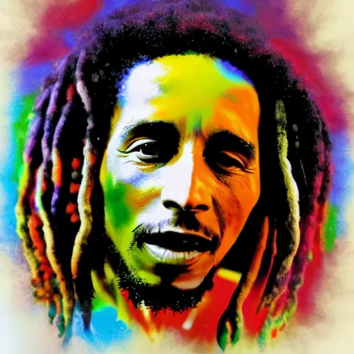 Prompt: colour masterpiece surreal closeup portrait photography of bob marley, highly detailed pop art, weird surreal epic psychedelic complex biomorphic 3 d fractal landscape, 8 k