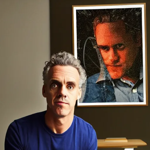 Prompt: Jordan Peterson cleans his room with a vacuum, motivational poster, inspirational art, high detail, realistic, mid shot, open, sharp