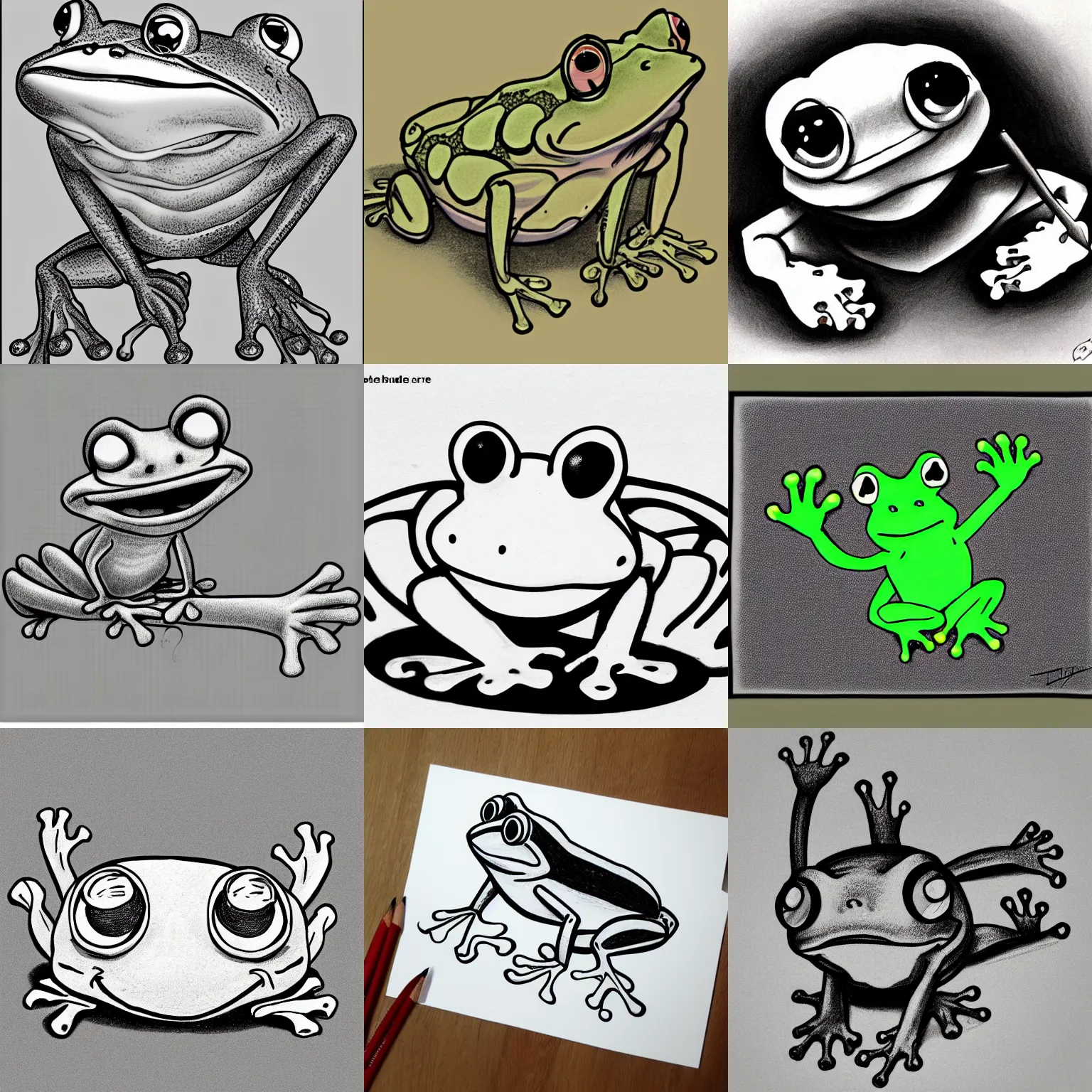 Prompt: Frog, cartoon, pencil sketch, Rubber Hose style