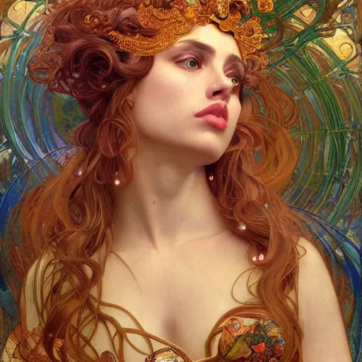 Prompt: an portrait of a beautiful alluring female goddess, detailed, centered, digital painting, artstation, concept art, donato giancola, Dante Gabriel Rossetti, alphonse mucha, Joseph Christian Leyendecker, WLOP, Boris Vallejo, Breathtaking, 8k resolution, extremely detailed, beautiful, establishing shot, artistic, hyperrealistic, beautiful face, octane render