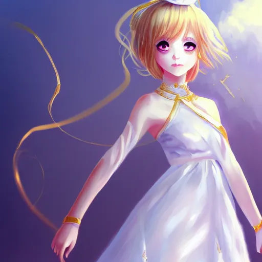 Image similar to royal anime girl wearing white and golden dress , digital painting , artstation , devian art , 4k , HD , digital art