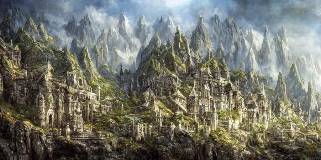 Prompt: an elven city built into the side of a mountain, pristine, by alan lee, lord of the rings, smooth, detailed terrain, oil painting, matte painting, concept art, trending on artstation