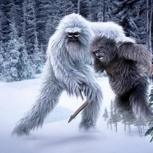 Prompt: a high detailed realistic photo of a yeti battling a sasquatch