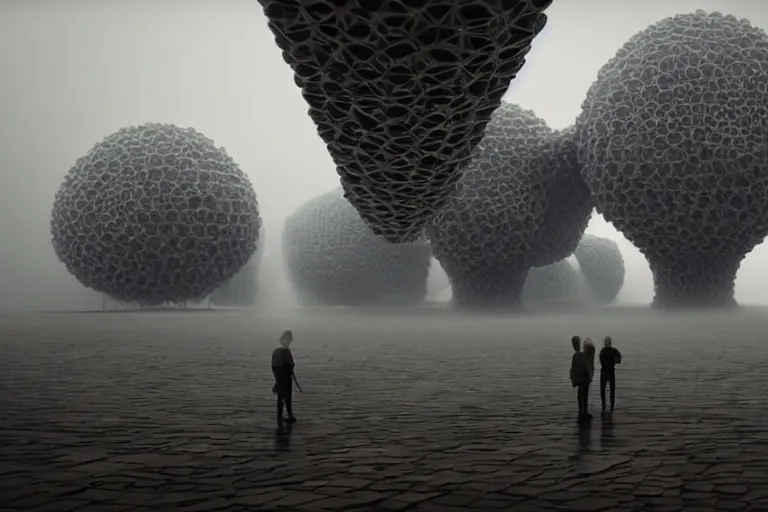 Image similar to tourists taking a photo of a complex organic fractal 3 d ceramic humanoid megastructure, cinematic shot, foggy, photo still from movie by denis villeneuve