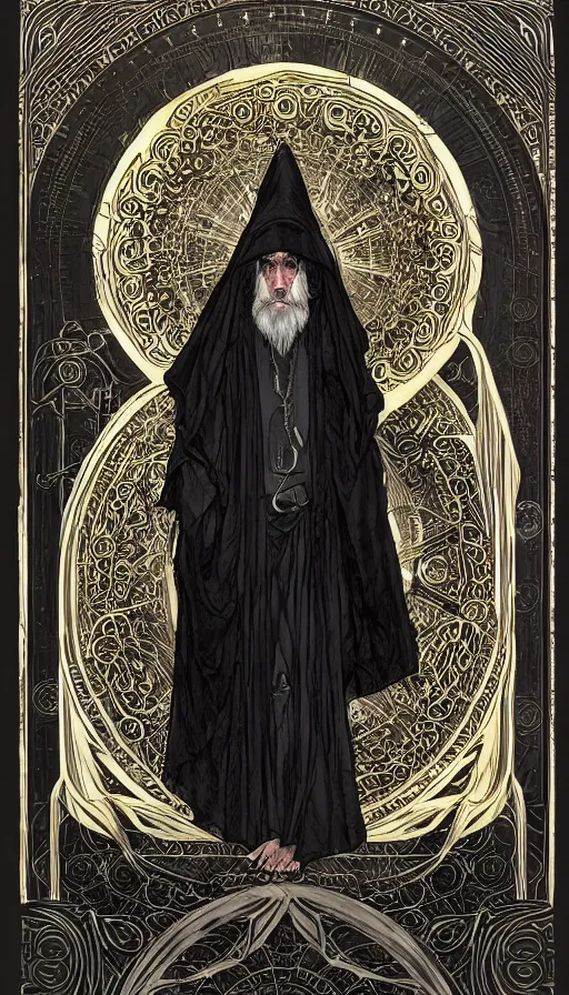 Image similar to one old man wore a black cloak, a black cloak and a white beard, highly detailed, very intricate, art nouveau, gold filigree, left right symmetry, tarot concept art watercolor illustration by mandy jurgens and alphonse mucha and alena aenami, featured on artstation