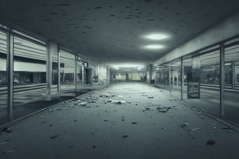 Image similar to low angle photo of a abandoned shopping mall with bodies floating, no gravity, cinematic lightning, ray tracing, unreal engine, photorealistic, detailed, dark, moody, foggy, scary