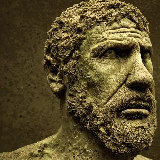 Prompt: Award-winning photograph by Mar Mann. The photo depicts a decaying roman bust of luiz inacio lula da silva overgrown with moss at the bottom of the sea in the middle of ruins of civilization. Minimalism, high definition, perfect composition. Deep sea picture. Very dark. Volumetric Lighting. Fish. Darkness. Ruins
