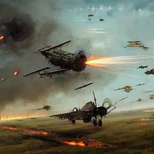 Image similar to huge steampunk aircraft in battle, sky, explosions, jakub rozalski